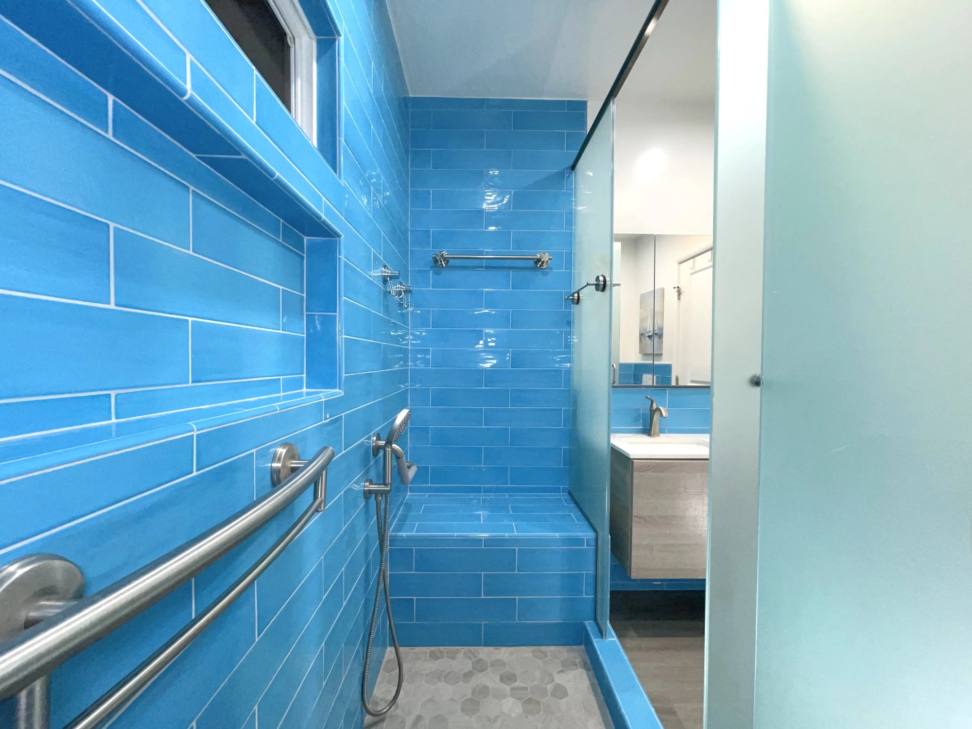 A large custom walk in shower was created for this master bathroom.