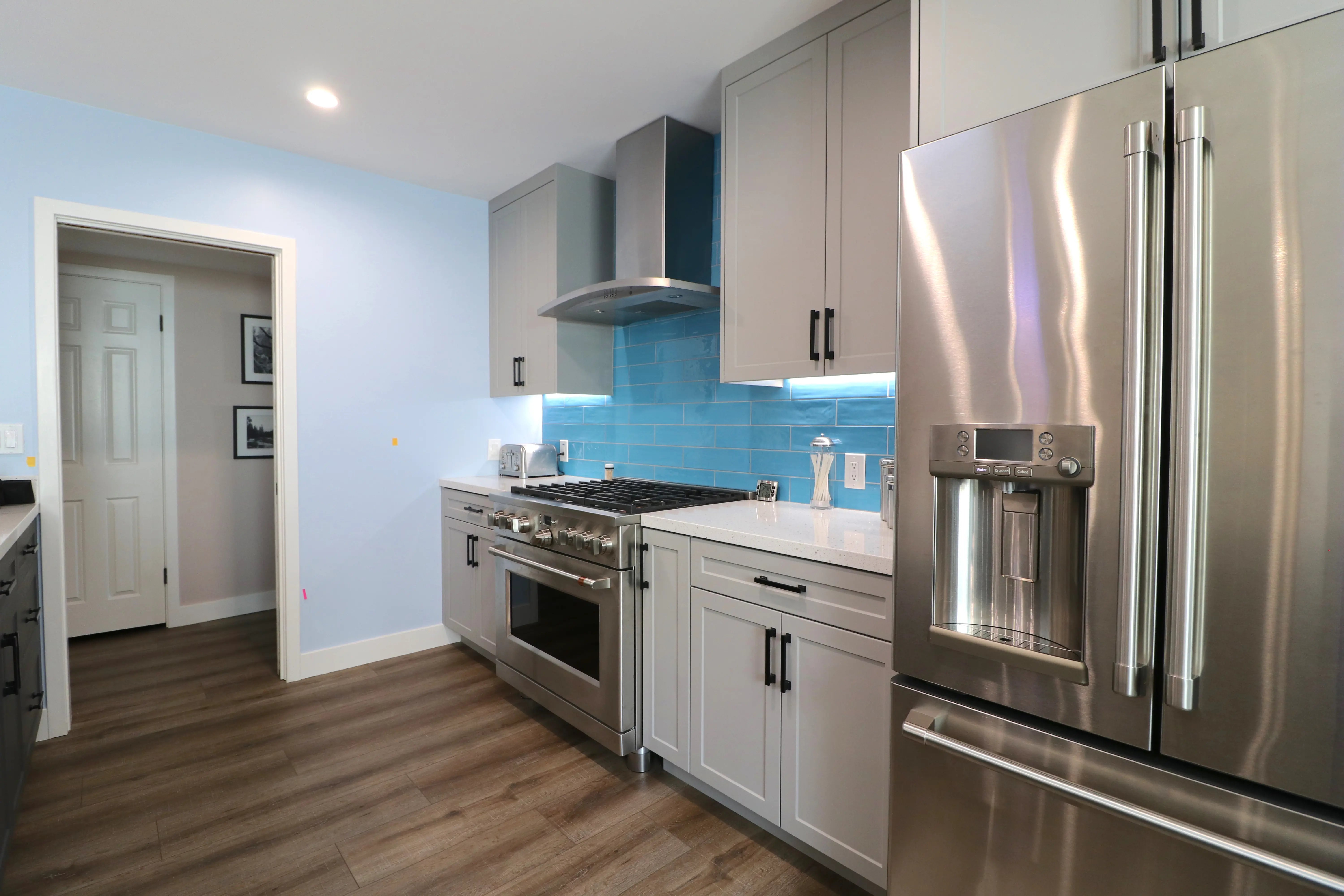Angled view of custom cabinets installed for a kitchen remodel in Torrance.