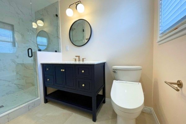 Bath remodel - blue custom vanity